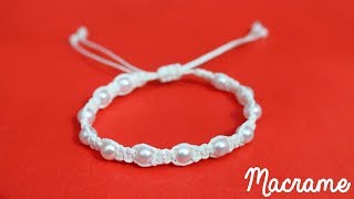 Como hacer una Pulsera de hilo simple con perlas✧ NUDO PLANO Macrame [upl. by Yhtrod]